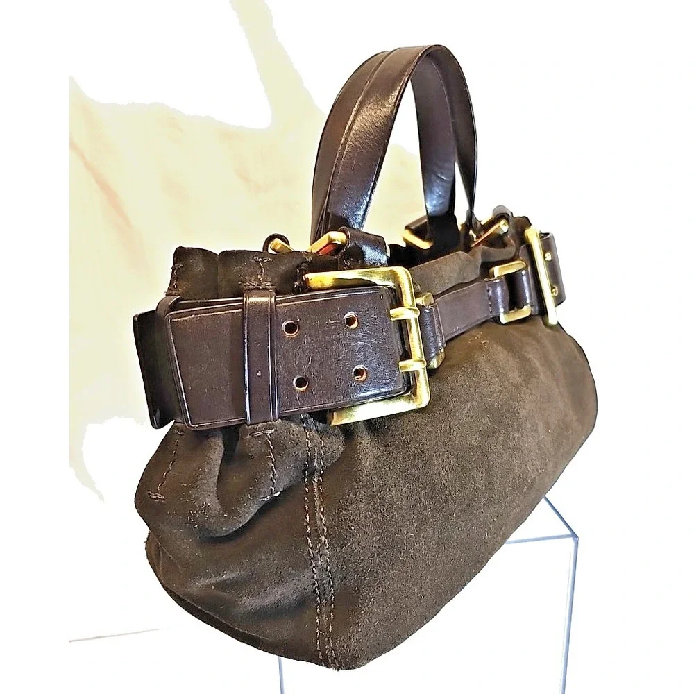 ✨ Y2K  Donna Karan Chocolate Suede Double Buckle Mini-Satchel, BOHO Slouchy Edgy